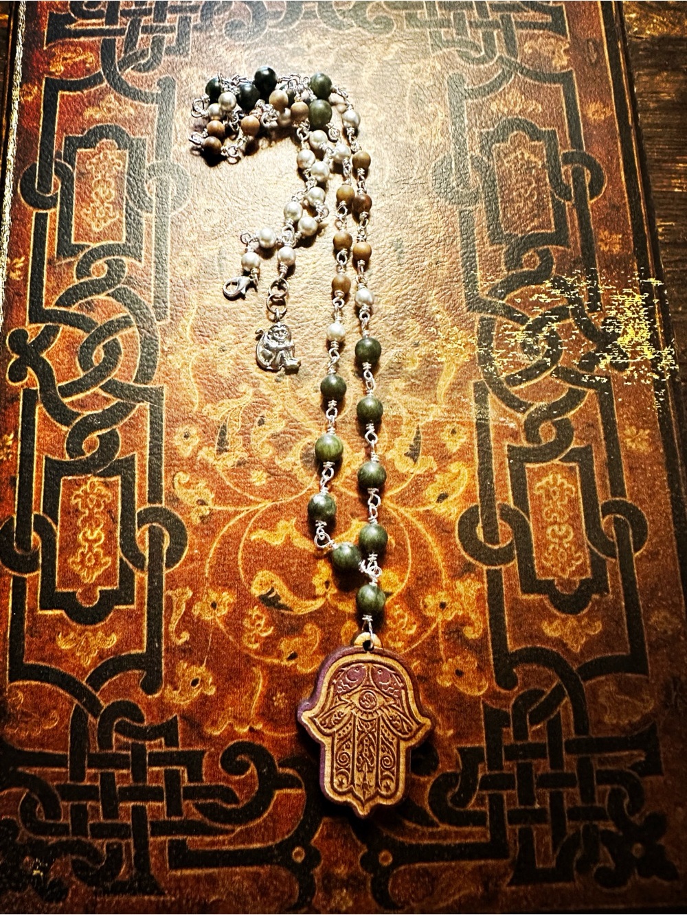 Wood Hamsa Hand, Green jade, wood, silver pearl Necklace